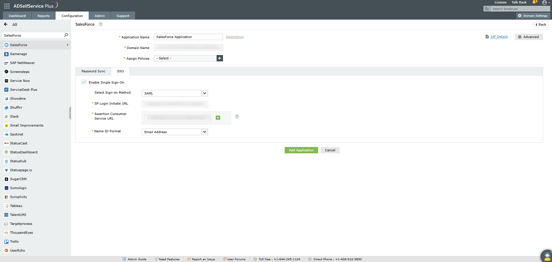 Overview of ADSelfService Plus' SSO settings while configuring SAML SSO for Salesforce