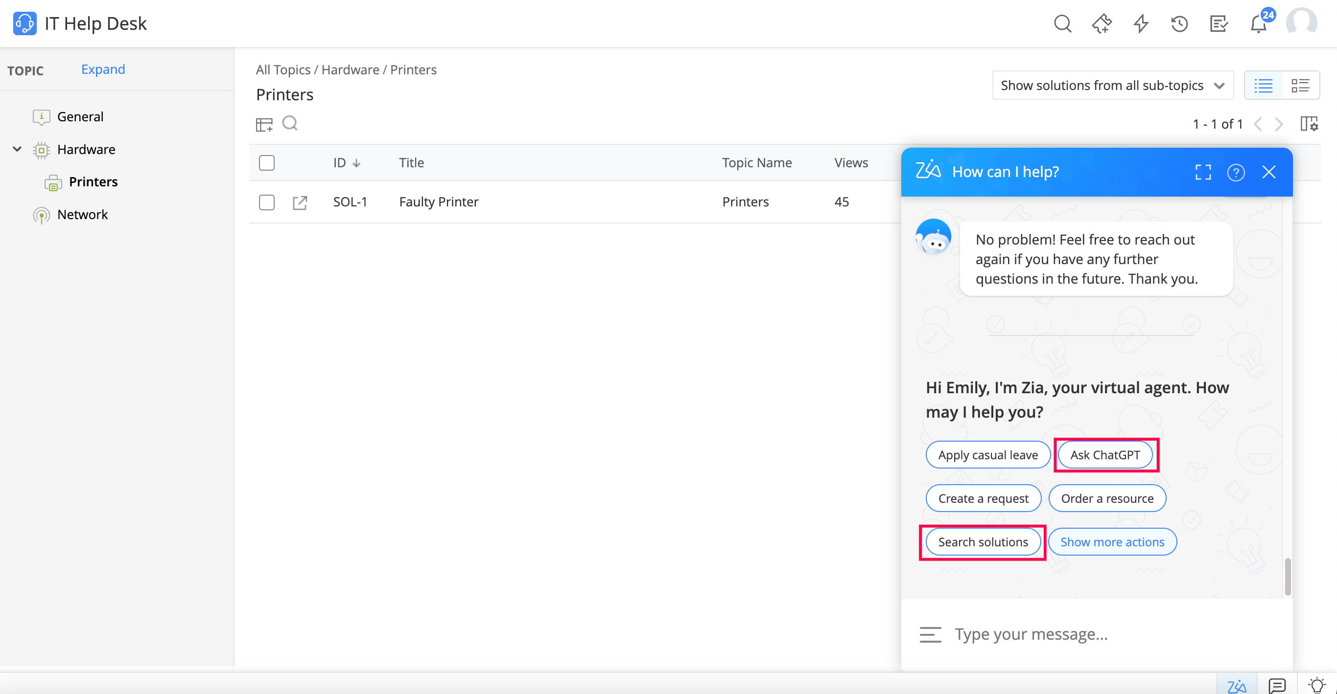 Zia AI chatbot in ServiceDesk Plus