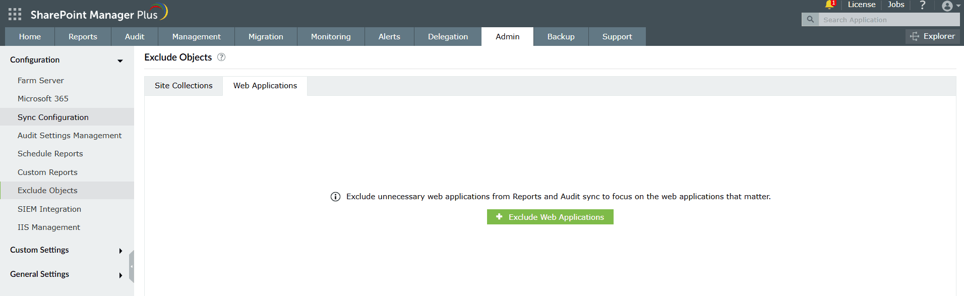 Navigating to Exclude Web Applications in SharePoint Manager Plus
